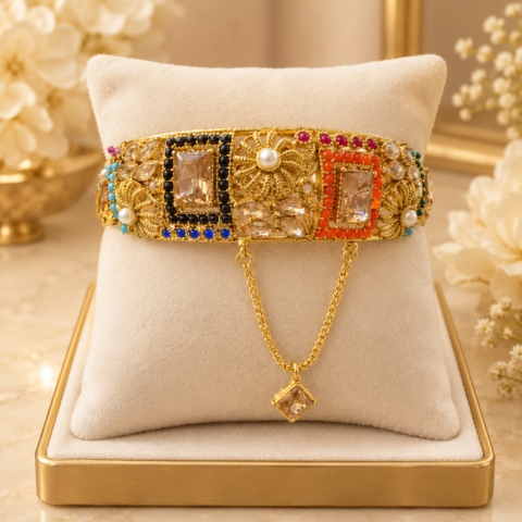 Golden Multicolour Stone Filigree Kada Bangle – Traditional Bridal Cuff with Chain Charm for Women