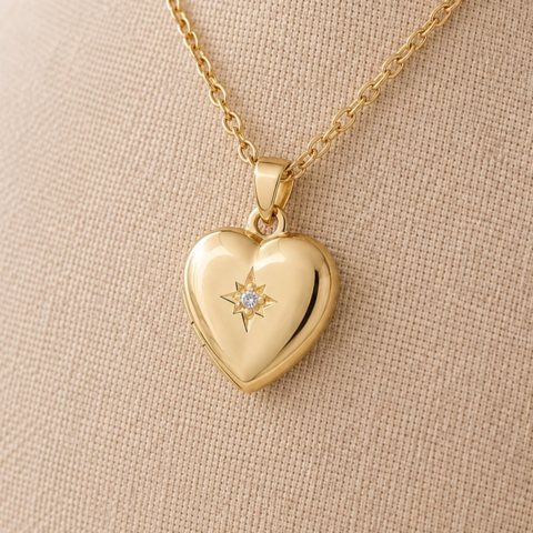 Golden Puffy Heart Pendant Necklace with Star Crystal – Necklace for Women