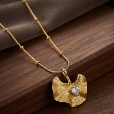 Golden Ginkgo Leaf Pendant Necklace with Zircon Stone – Necklace for Women