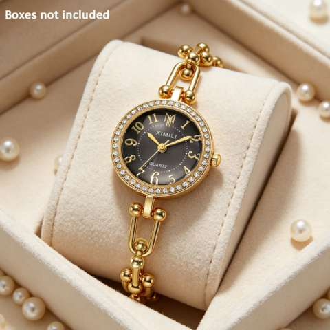 XIMILI Golden Bracelet Watch for Women – Black Dial with Stone Bezel & U-Link Chain