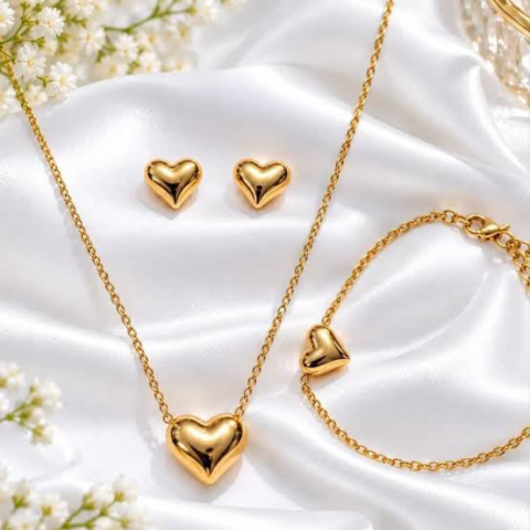 Golden Puffy Heart Necklace, Earrings & Bracelet Set – 3 Piece Jewellery Set