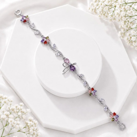 Silver Flower Vine & Bow Bracelet with Multicolour Zircon Stones – Bracelet for Women