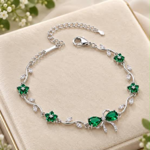 Silver Emerald Green Flower & Bow Bracelet – Zircon Stone Bracelet for Women
