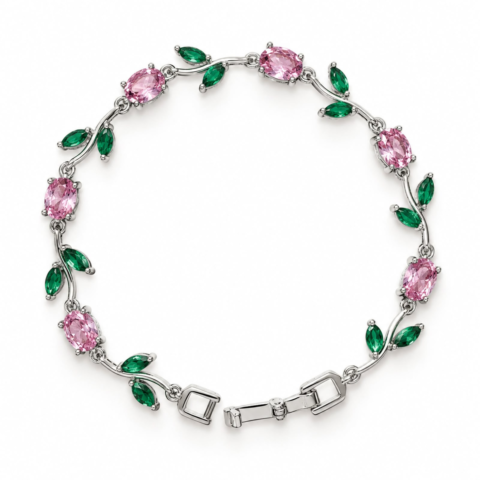 Silver Pink Rose & Green Leaf Vine Bracelet – Zircon Stone Bracelet for Women