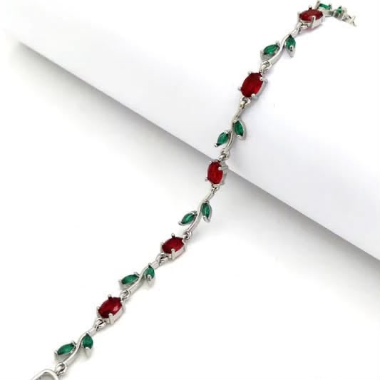 Silver Ruby Red & Green Leaf Vine Bracelet – Zircon Stone Bracelet for Women