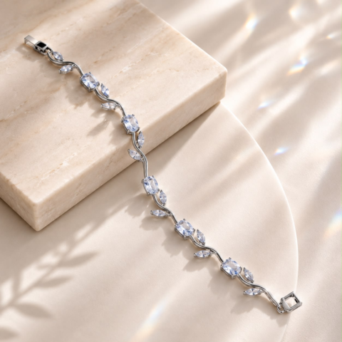 Silver Crystal Leaf Vine Bracelet – Clear Zircon Stone Bracelet for Women