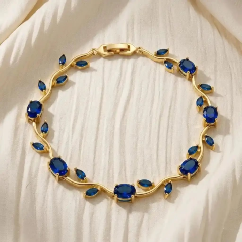 Golden Royal Blue Leaf Vine Bracelet – Sapphire Blue Zircon Bracelet for Women