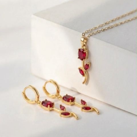 Red Rose Zircon Necklace & Earrings Set – Golden Jewellery Set