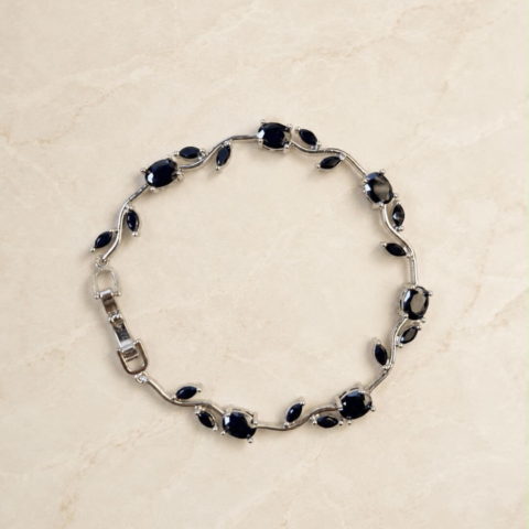 Silver Midnight Black Leaf Vine Bracelet – Dark Zircon Stone Bracelet for Women