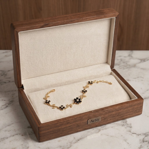 Golden Black Flower Vine Bracelet – Black Zircon Stone Bracelet for Women