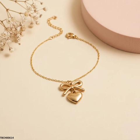 Golden Bow & Heart Charm Bracelet – Adjustable Chain Bracelet for Women