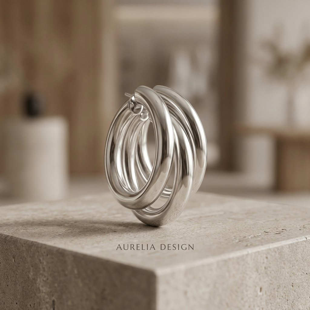 Silver Triple Layer Chunky Hoop Earrings – Bold Stacked Hoops for Women