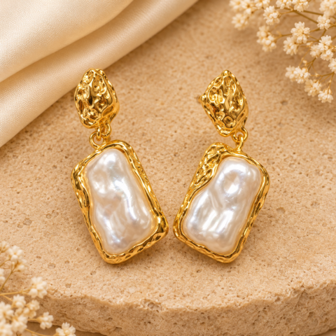 Golden Baroque Pearl Drop Earrings – Hammered Rectangle Pearl Statement Earrings for Women