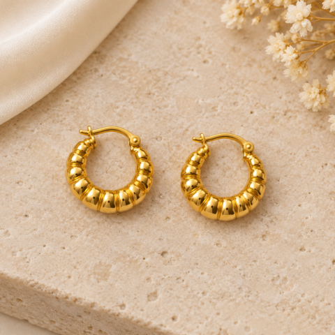 Golden Ribbed Croissant Hoop Earrings – Chunky Textured Mini Hoops for Women