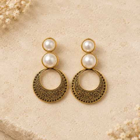 Antique Golden Pearl Engraved Hoop Drop Earrings – Vintage Filigree Pearl Statement Earrings for Women