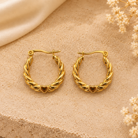 Golden Twisted Rope Heart Hoop Earrings – Braided Love Heart Hoops for Women